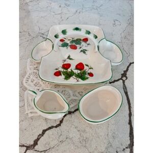 Vintage Ceramic Strawberry Condiment Serving Set with Caddy Pitcher and Bowl